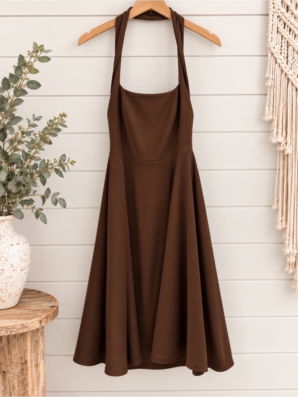 Classic Brown Halter Midi Dress